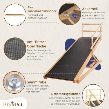 Східці для собак до ліжка з захисним бар'єром - для великих собак до 90 кг - регульована висота до 94.5 см - ширина 49.5 см - складаються - антиковзке покриття - з натурального дерева (бірча) - колір натуральний