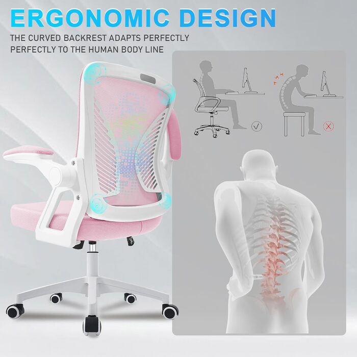Офісний стіл з регульованими підлокітниками, ергономічний стілець для офісу з сітчастою спинкою, підтримкою попереку, регульованою висотою, м'яким сидінням, поворотний на 360°, (Рожевий)