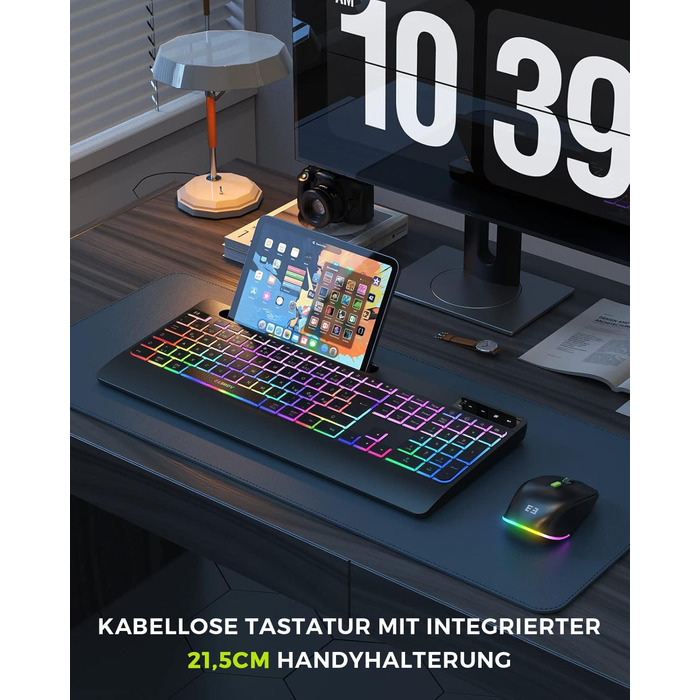 Бездротовий комплект клавіатури та миші Seenda JPX006 з підсвічуванням, USB/Type-C, QWERTZ, з підставкою для телефону та підкладкою для зап'ястя, для PC/Windows/Mac, тихий клік, чорний