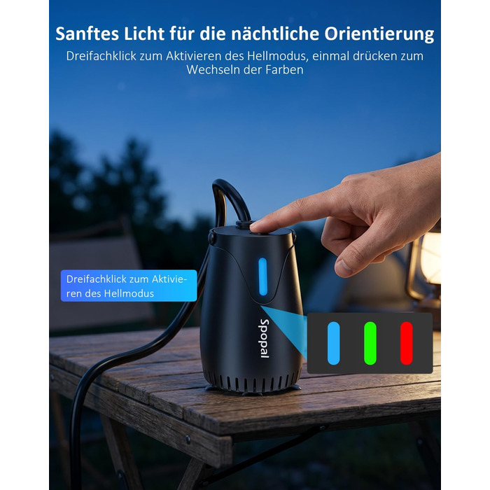 Camping душ Spopal з насосом 8000mAh, портативний, з вимірюванням температури, нічником, IPX8, для подорожей, поливу квітів, автомийки, миття тварин