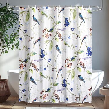 Штора для душу 180x180 см з квітами, антигрибкова, водонепроникна, швидковисихаюча, поліестер, з 12 кільцями (пташки)