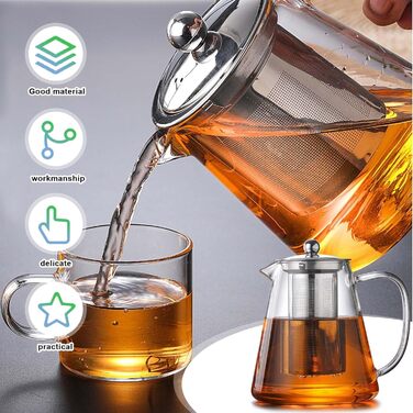 Скляний чайник для заварювання чаю з ситом та кришкою, термостійке боросилікатне скло, 1300 мл