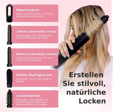 Набір для укладки волосся 5 в 1 Warmluftbürste: фен-щітка, локонова насадка, 3 температурні режими, Auto-Wrap, негативні іони, 1000 Вт, захист від пошкодження волосся (білий/чорний)