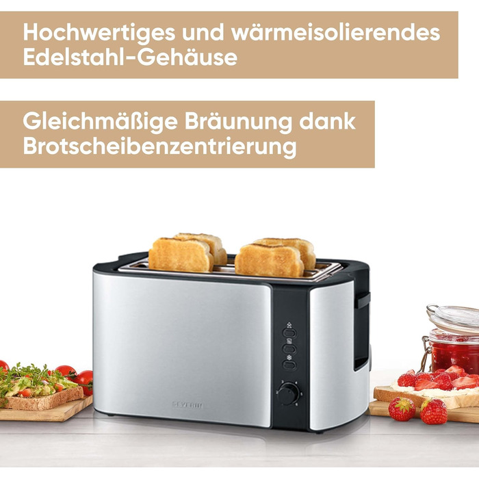 Тостер Severin AT 2590 з 4 відсіками для тостів, з підставою для бургерів, нержавіюча сталь, 1400 Вт