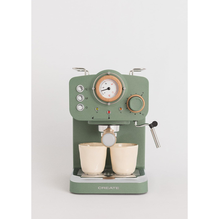 CREATE / THERA MATT RETRO/Espresso Machine Cream White Matt and Wood/Semi-Automatic, with a 15 bar pump and 1100W, 1.25L water tank, for ground coffee, 55 mm. ESE Pads (Green-Sage Matt - Wood)