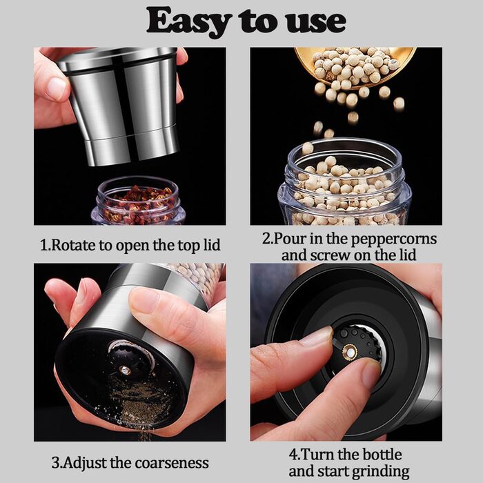 Мельниця для солі та перцю 2-в-1, ручна з регулюванням, з керамічним жорном, нержавіюча сталь