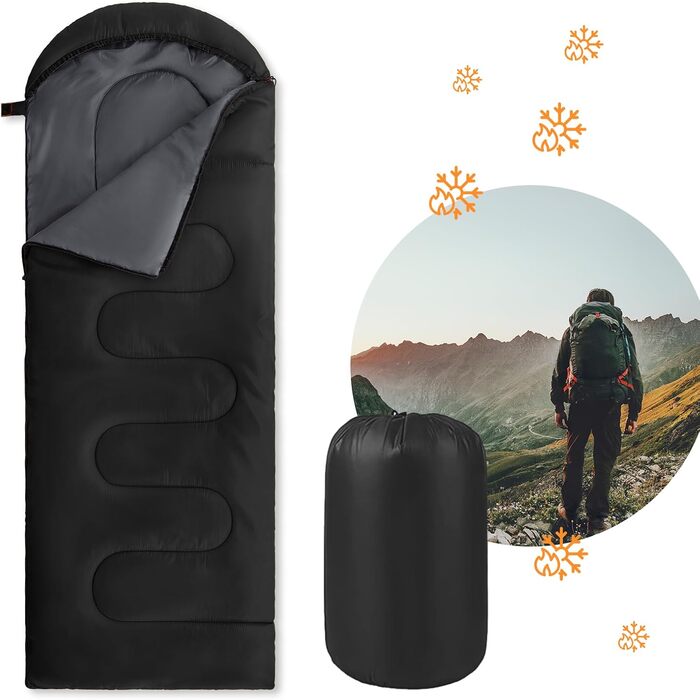 Спальний мішок для дорослих | 3 сезони | Ультралегкий 1400г | Водостійкий, компактний | Мумієподібний для кемпінгу, походів, відпочинку на природі. Чорний