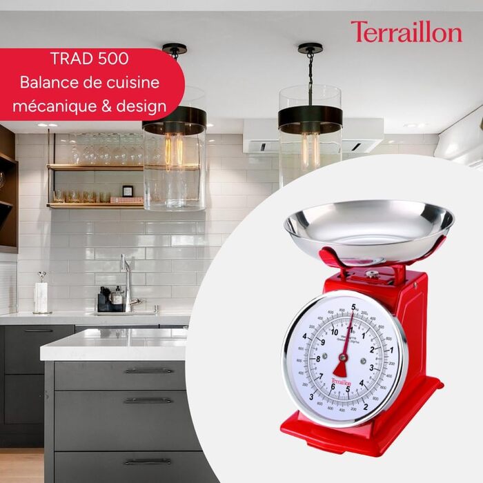 Ваги кухонні TERRAILLON Tradition 500, ручна тара, велике цифрове табло, чаша 1 л, діапазон зважування 5 кг (червоний)