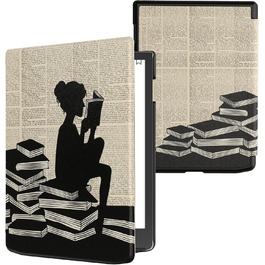 Чохол-книжка kwmobile для Pocketbook InkPad 4/Color 3/Color 2, Vivlio InkPad 4 - Чохол для eReader, Magnolien Taupe Weiß Blaugrau (жінка читає)