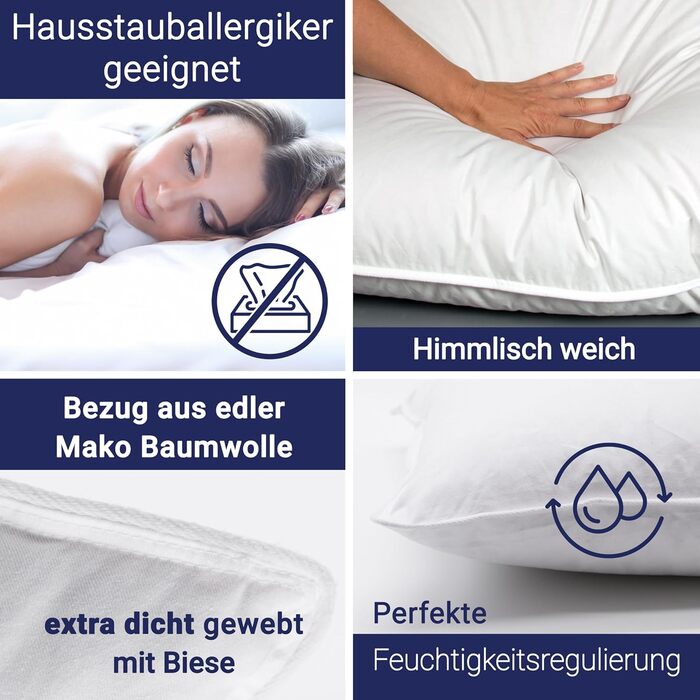 ZOLLNER 2-Pack Deluxe Down Pillow Set - Made in Germany – Suitable for Allergy Sufferers – Cover made of high-quality Mako cotton - washable up to 60°C - 80x80 cm - Hotel quality 80 x 80 cm 2-pack