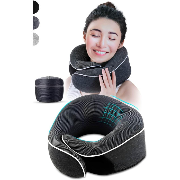 Подушка для шиї AIRTH® 360° з піною з пам'яті та зручним кріпленням - ергономічна підтримка шиї з знімним чохлом для максимального комфорту та відпочинку (сіра)