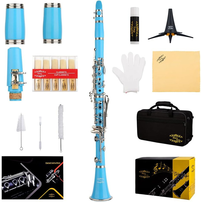 Кларнет Glory GLY-CLAGN професійний ебонітовий Bb з аксесуарами (10 вставок, стійка, кейс, щітки) - зелений (світло-блакитний/сріблястий)