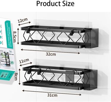 Полиця для душу без свердління, чорна, 2 шт. - полиці для душу з нержавіючої сталі, 5 гачків та 2 тримачі для зубних щіток, самоклеюча органайзер для ванної кімнати, кухні, вантажопідйомність 16 кг
