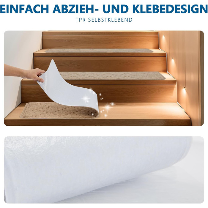 Килимок на сходинки, антиковзаючі, 20x76 см (15 шт), килимки на сходи, багаторазовий клей для всіх чистих, гладких сходів, захист сходинок для дітей, (Бежевий)