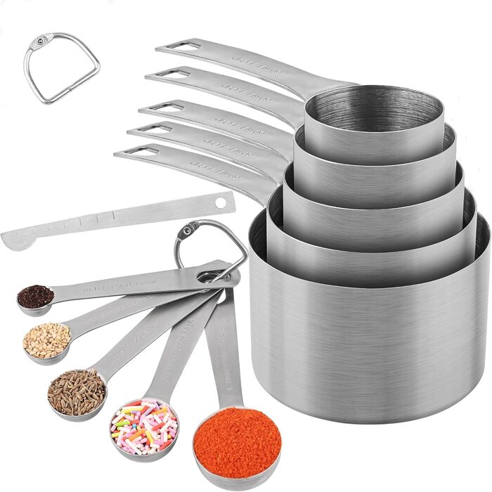 Measuring cup and measuring spoon set, stainless steel, measuring cup and magnetic conversion chart (silver), 13 pieces