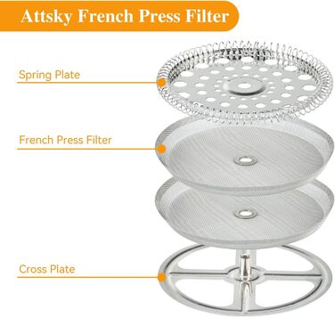 8-Piece Stainless Steel Replacement Parts Set for French Presses, 6 Pieces, 10.2 cm, Universal Filter with Spiral and Cross Disc, for 963g / 9.75 inch wide Coffee Press