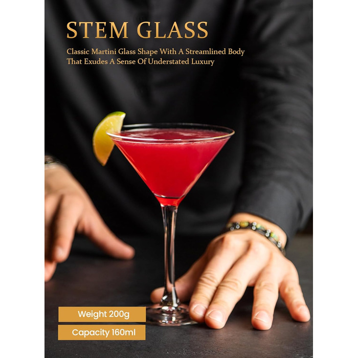 Набір келихів для мартини, 6 шт, 160 мл. Прозорі келихи для коктейлів з ніжкою, багаторазові, BPA-free, придатні для миття в посудомийній машині. Ідеально для барів, Margarita, Whiskey, Gin, Tequila