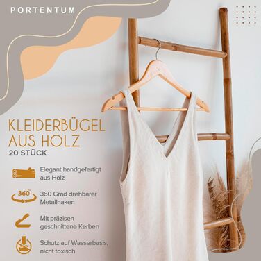 Плечики для одягу Portentum Holz, 10 шт., натуральні кольори - 360° обертання гачка, виступи для спідниць та блузок, нековзний тримач для штанів, підходять для костюмів, сорочок, курток (20 шт.)