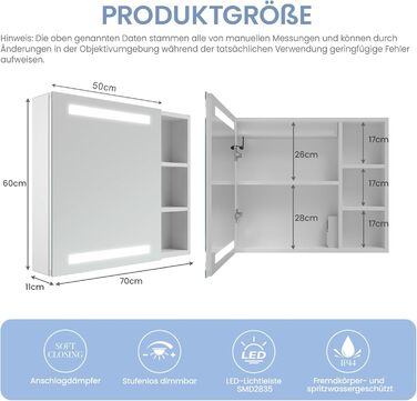 Дзеркальна шафка для ванної кімнати AQUABATOS з розеткою, підсвічуванням LED, 50x70 см. Шафка для ванної кімнати з дзеркалом, інфрачервоний сенсор, регулювання яскравості, протизапітніння, холодний білий колір світла (Тип 07L)