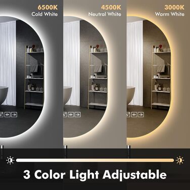 Дзеркало для ванної кімнати з підсвічуванням LED, 60 см, протитуманна функція, Bluetooth, сенсорний вимикач, регулювання яскравості, 3000K/4000K/6500K, HD-загартоване скло, 500x750 мм (овальне)