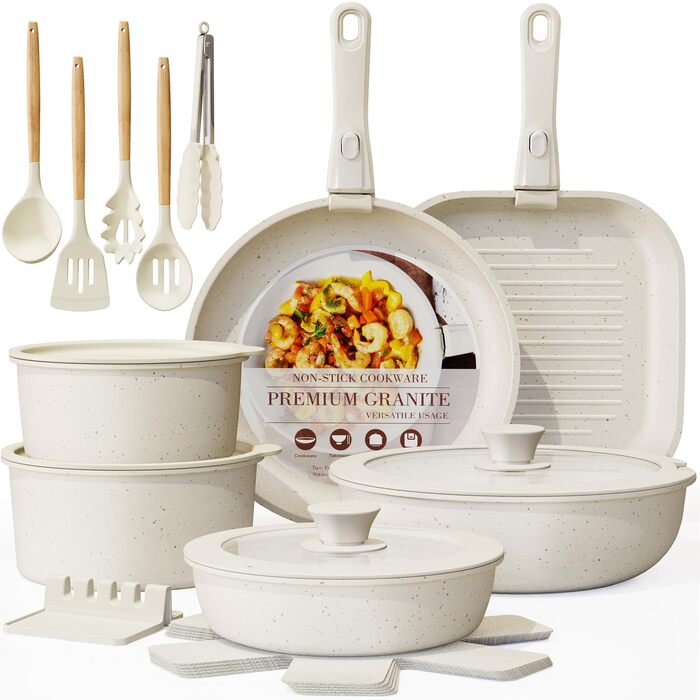 Набір посуду Astercook Keramik 21 предмет, керамічне антипригарне покриття, знімні ручки, для плити (індукція, духовка), кремово-білий