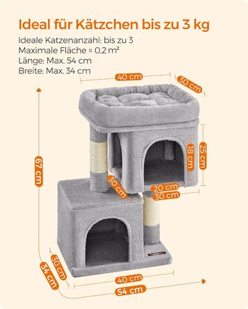 Feandrea Cat Tree Small, 67 cm Cat Tree, Kitten House for Kittens up to 3 kg, Large Platform, Sisal Posts, Light Grey PCT611W01