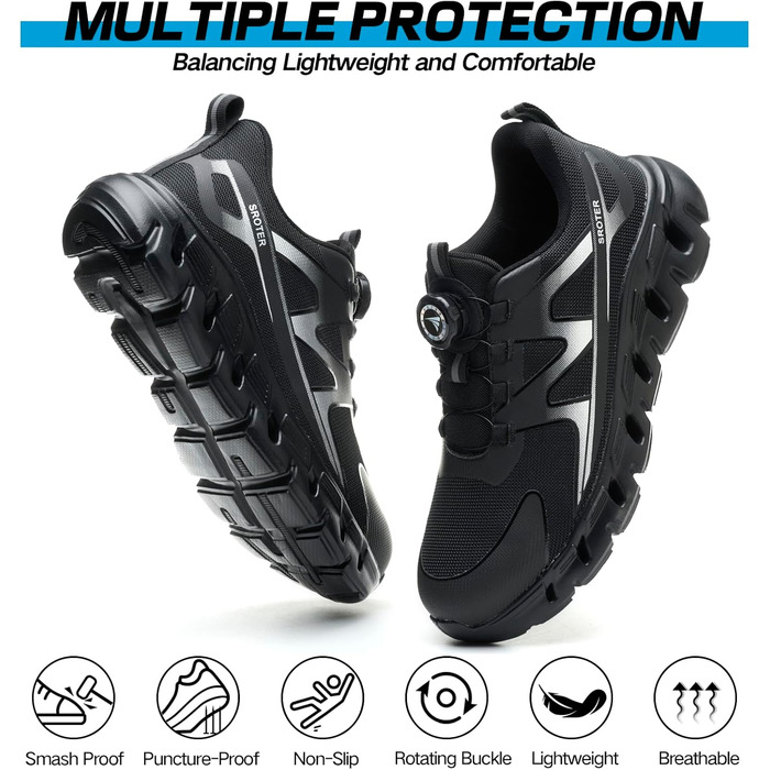 Черевики безпеки унісекс, легкі, спортивні, дихаючі, шнурки/крутильний замок, сталевий підносок, антиковзаючі, 43 EU, чорні