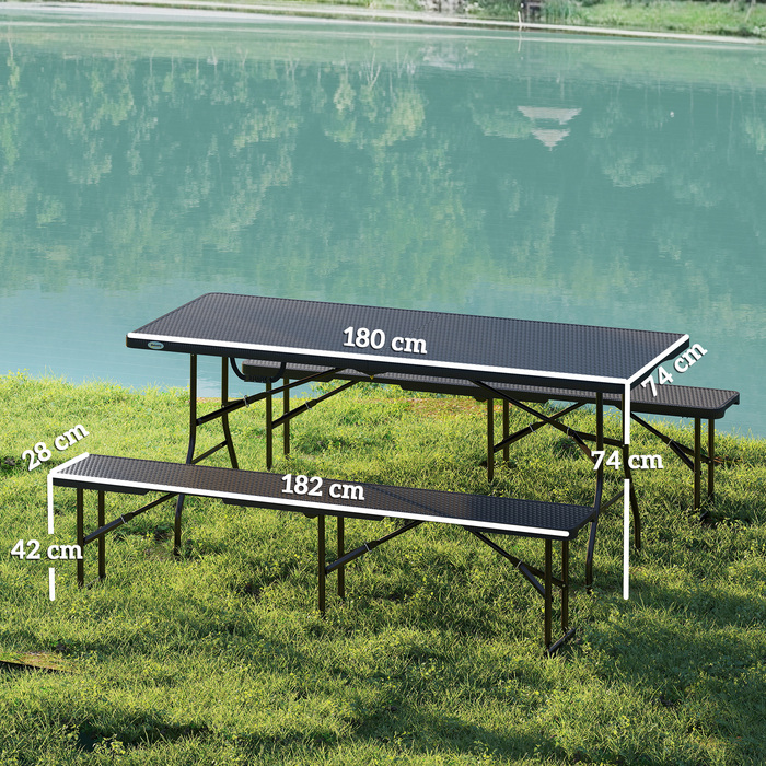 Outsunny 3-Piece Picnic Table and Bench Set, Folding, Plastic & Metal, Black