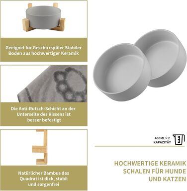 Миска для собак з кераміки, 400 мл, подвійна миска для корму, піднята миска для собак з бамбуковим підставкою та нековзним килимком для маленьких та середніх собак (сіра)