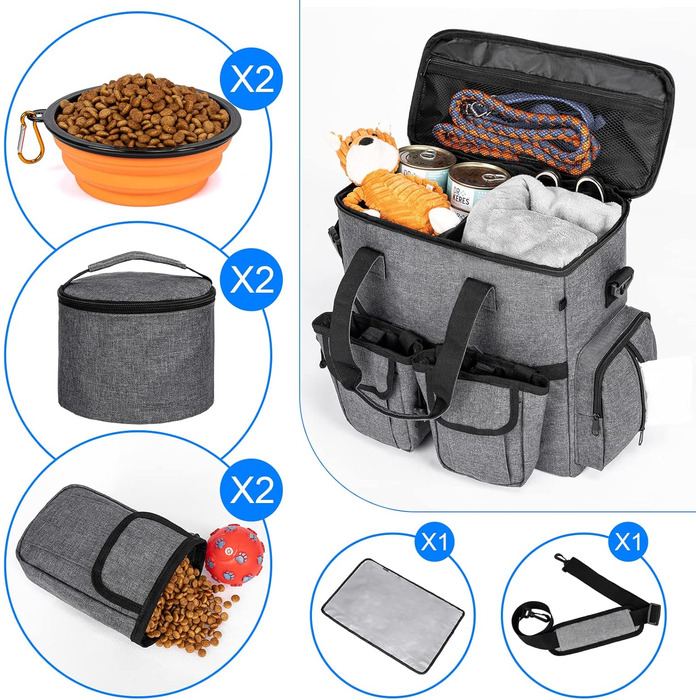 Чемодан для собак та котів Modoker: органайзер для подорожей з підстилкою, 2 миски, 2 контейнери для корму, темно-сірий