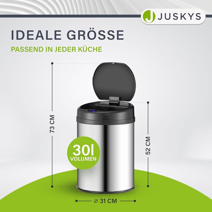 Відро для сміття Juskys з датчиком руху, 30 л, сріблястого кольору. Нержавіюча сталь, контактне відкриття, Klemmring для пакетів.