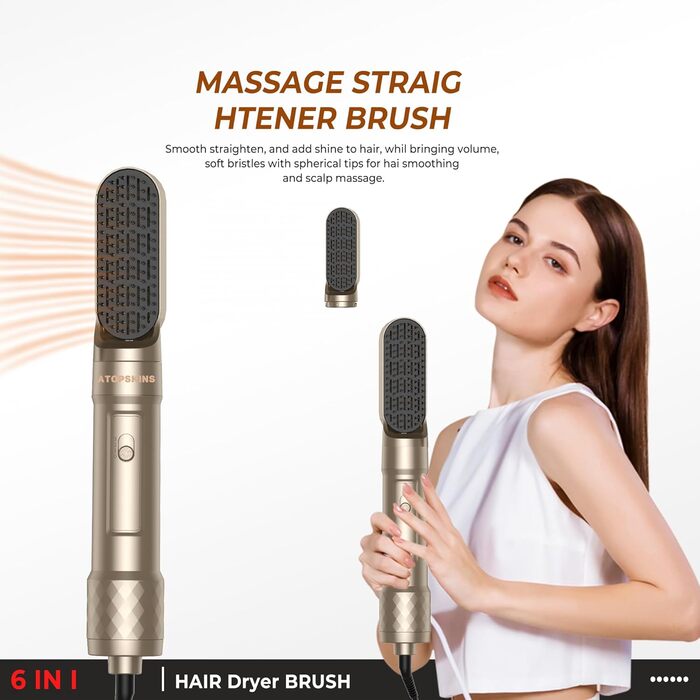 Atopskins Airstyler: Набір для укладки волосся 6-в-1 (фен-щітка, плойка, випрямляч), Золотий