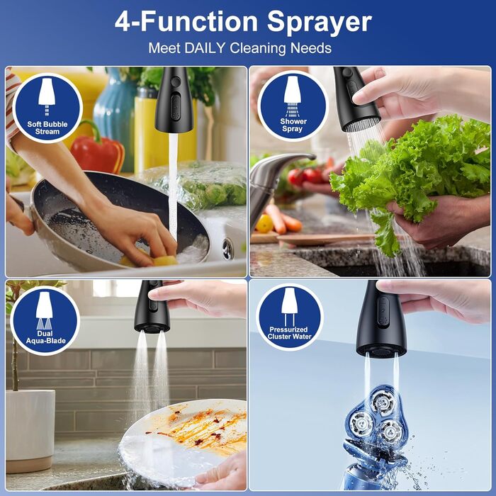 Змішувач для кухні SREWOHS PRO 4 з висувною лійкою, 4 режими розпилення, високий тиск, шланговий вилив, поворотний на 360°, одноручковий, чорний, нержавіюча сталь