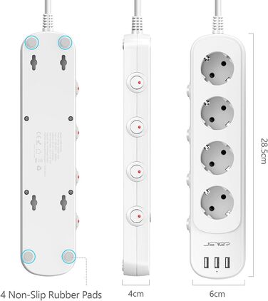 Мережева стрічка JSVER з індивідуальним керуванням, 4 розетки, 3 USB-порти (3680W, 16A), з вимикачем, 1.5м (біла)