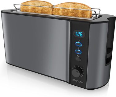 Arendo 2-Slice Toaster with Roll Holder - Long Slot Toaster - LCD Display with Remaining Time Display, Defrost Function, Bread Centering, Crumb Tray - Material Stainless Steel, Cool Grey A: Cool Grey