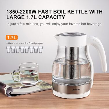 Електричний чайник GRIFEMA 0.8L, 1100W з фільтром від накипу, тихий, швидкий, BPA-Free, для подорожей, автоматичне вимкнення, захист від перегріву, білий (скло з ситом 1.7L)