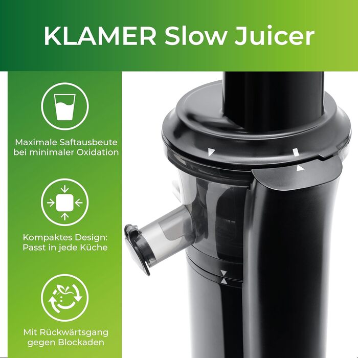 KLAMER Slow Juicer Vegetables and Fruit, Juicer with Reverse Function, Electric Fruit Press with Brush and 2 Containers, Sleek Design, Black