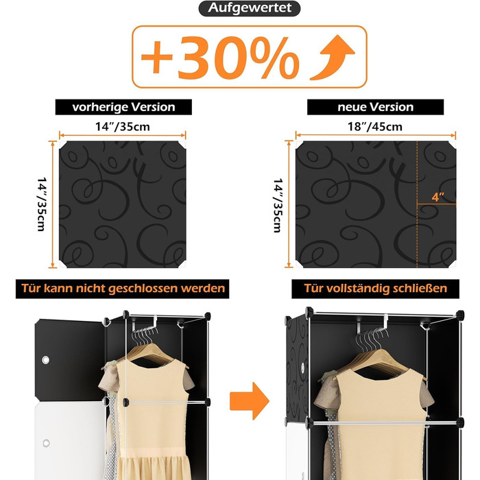 HOMIDEC Wardrobe, Portable Shelving System, 20 Cube Closet made of Plastic with 2 Clothes Rails, Bedroom Wardrobe Closet White for Bedroom, 180 x 142 x 45cm (16 cube, White & Black)