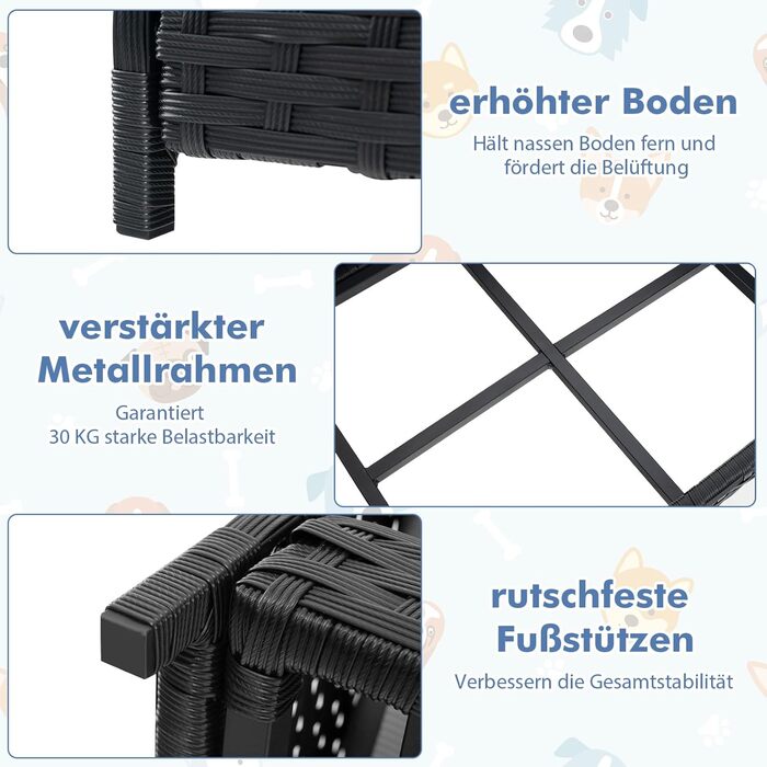 Софа для собак Costway з ротангу PE, лежанка для тварин з знімним подушкою та пральним покриттям, металевий каркас, піднята лежанка для собак маленьких/середніх порід, лежанка для собак для дому та вулиці, 62x46x25 см