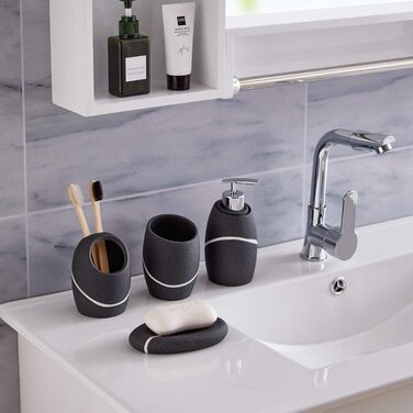 ZCCZ Bathroom Set – 4-Piece Organizer Set with Toothbrush Holder, Soap Dispenser, Cosmetic Dish, and Cotton Swabs – Elegant Stone-Look Decor, Black for Modern Bathroom