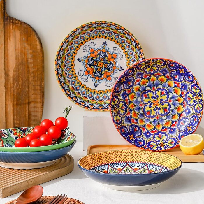HENXFEN Набір супових тарілок з порцеляни, 700мл, 6 шт. Яскраві тарілки для супу, пасти, салату, фруктів - Богемний стиль