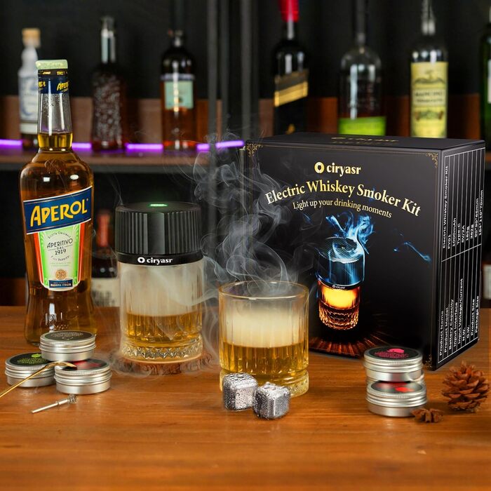 Набір для копчення віскі CIRYASR, електричний, без бутану, з 6 смаками дерев'яної стружки, RGB підсвічуванням, 2 склянки - подарунок для чоловіків