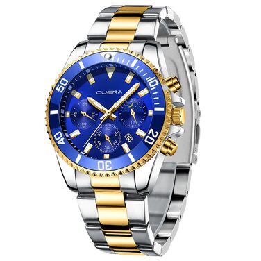 Годинник чоловічий OFF-CUP з датою, кварцовий хронограф, водостійкий, сталевий браслет, класичний стиль, бізнес-годинник (Золотий, Синій)