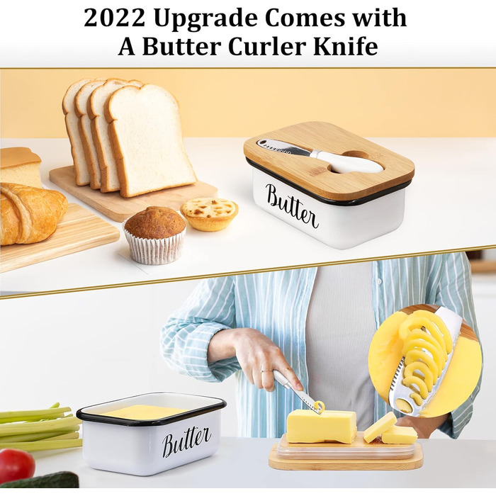 Butter dish with lid and butter spreader knife for countertop - Unbreakable metal container with high-quality double silicone seal, for kitchen farmhouse decor