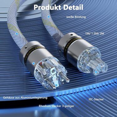 Audiофільний HiFi мережевий кабель живлення 10AWG з родієвим роз'ємом IEC320-C15, 125V/15A для підсилювача, сабвуфера та вінілового програвача, 1м