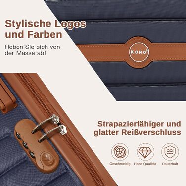 Чемодан-валіза KONO 55x40x20 см, ручна поклажа, ABS+PC, з коліщатами та замком, темно-синій/коричневий