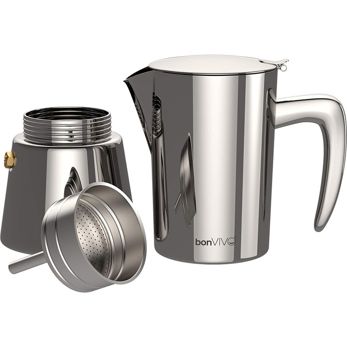bonVIVO Induction Espresso Maker - Stainless Steel Coffee Maker with -Finish, Water Kettle & Filter - Moka Pot - Christmas Gifts for the Household (Chrome, 6 Cups - 300 ml)