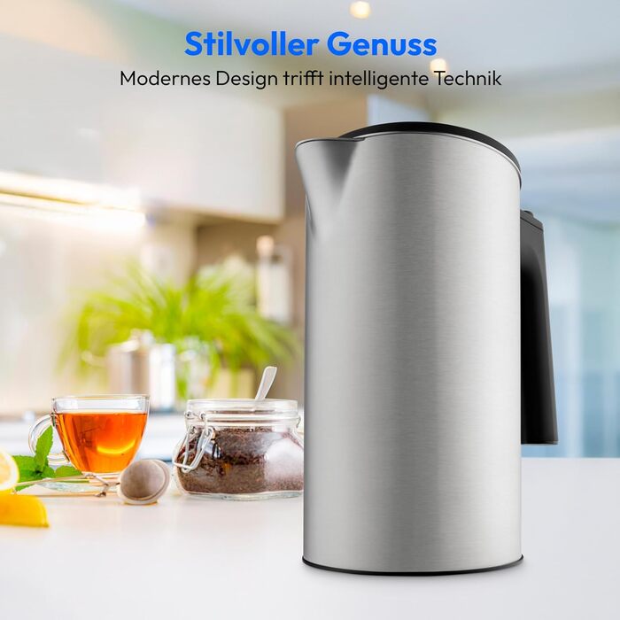 Електричний чайник MEDION LIFE MD12106, 2.2 кВт, 1.5 л, LED-дисплей, LED-підсвітка, автопрограми, захист від дітей, срібний