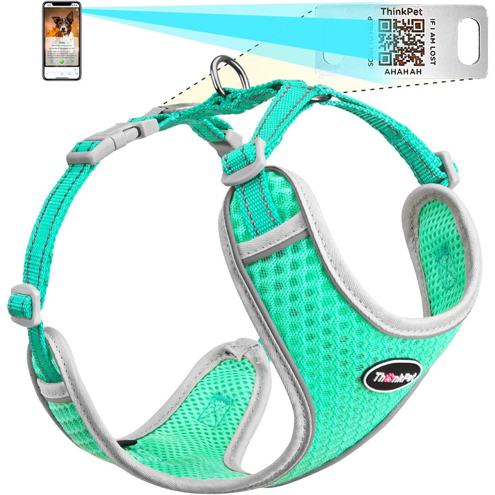 Відбиваюча нашийник для собак ThinkPet з Air-Mesh, QR-кодом, для цуценят та собак середніх розмірів, блакитно-зелений, 