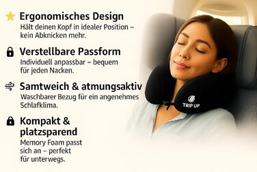 Подушка для шиї Trip Up з Memory Foam - для подорожей (літак, авто) - ергономічна, м'яка, дихаюча, регульована, чорна (Jet Black)